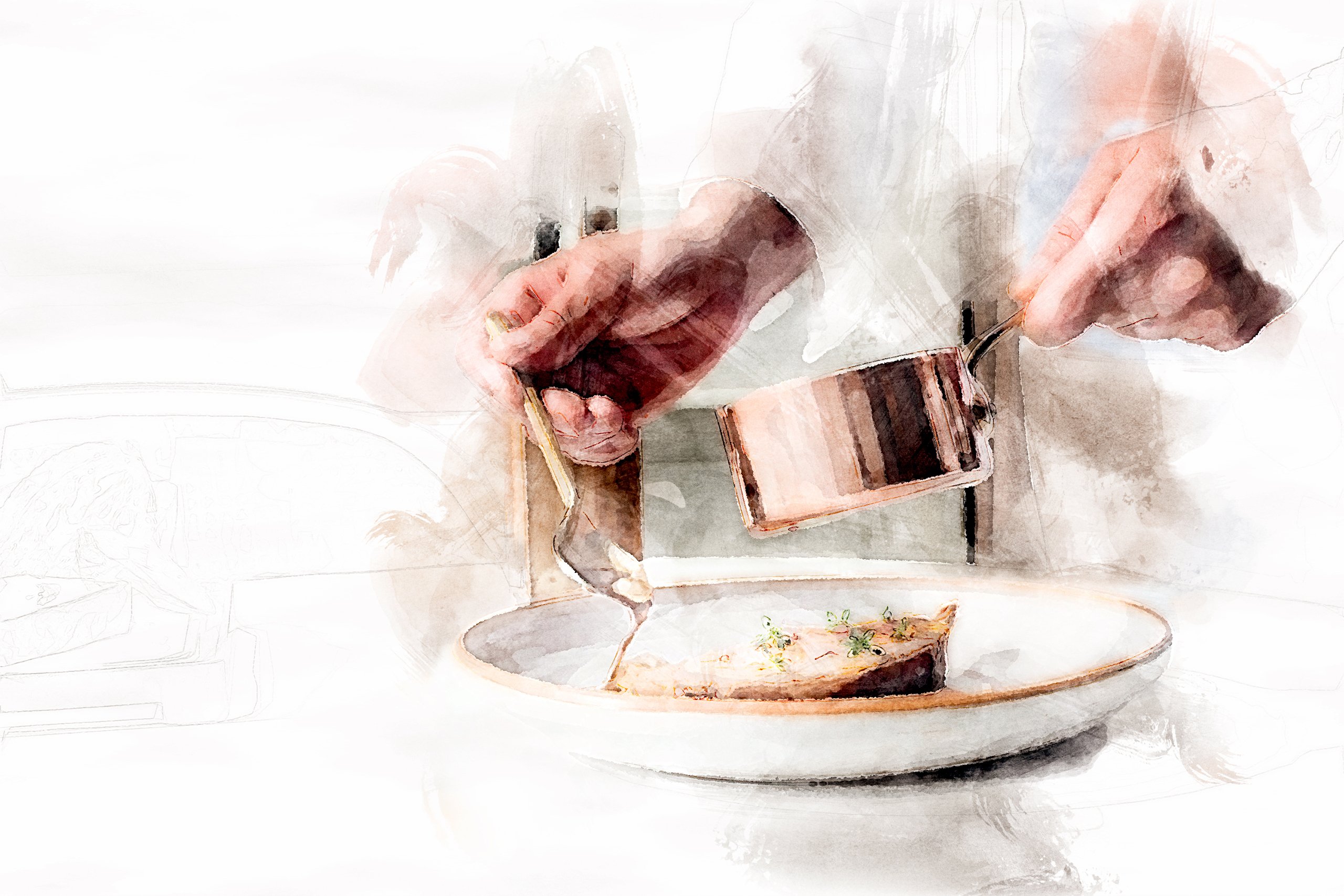 An illustration of a chef spooning sauce over a piece of meat