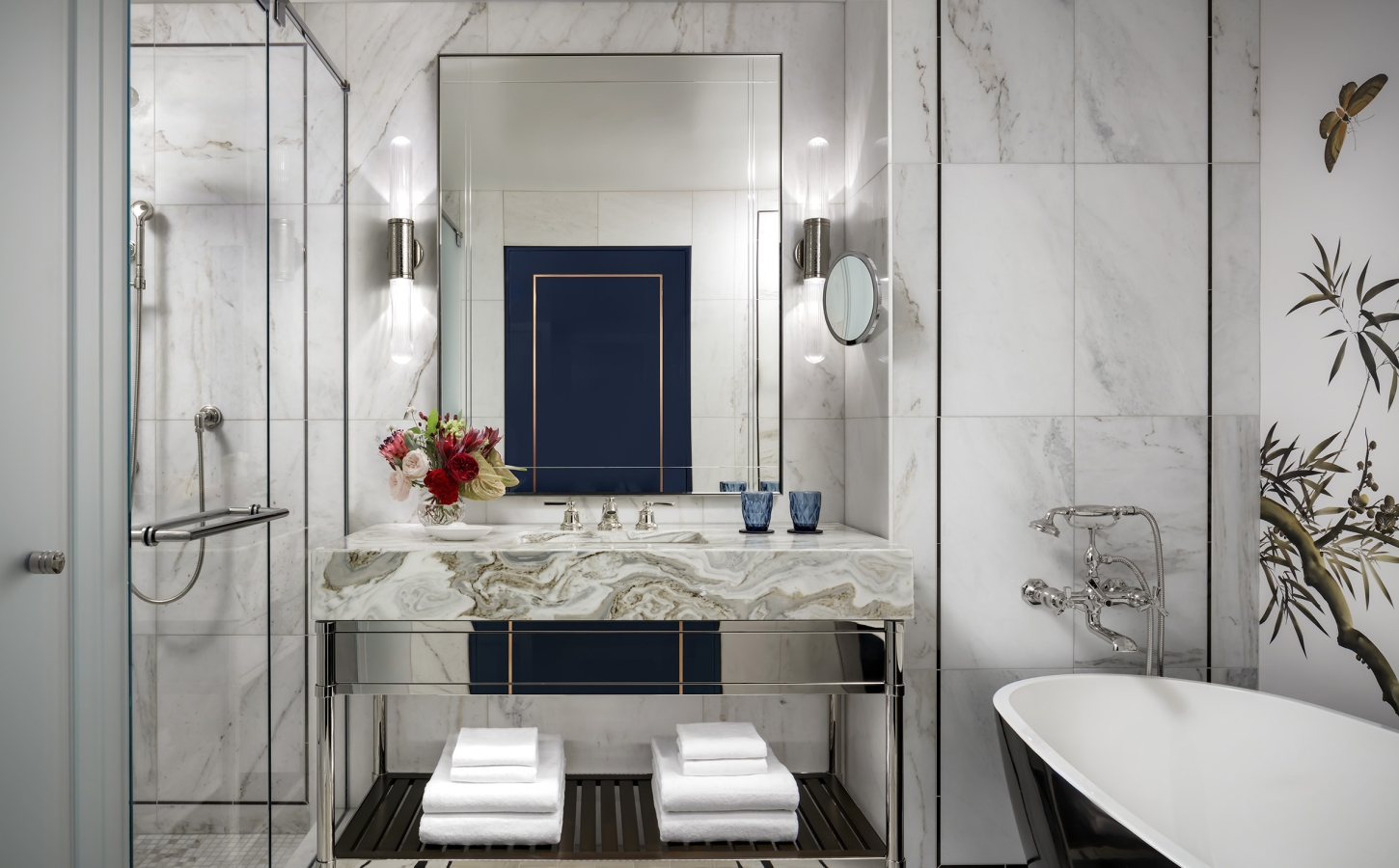 A single vanity bathroom in a Raffles Boston hotel room