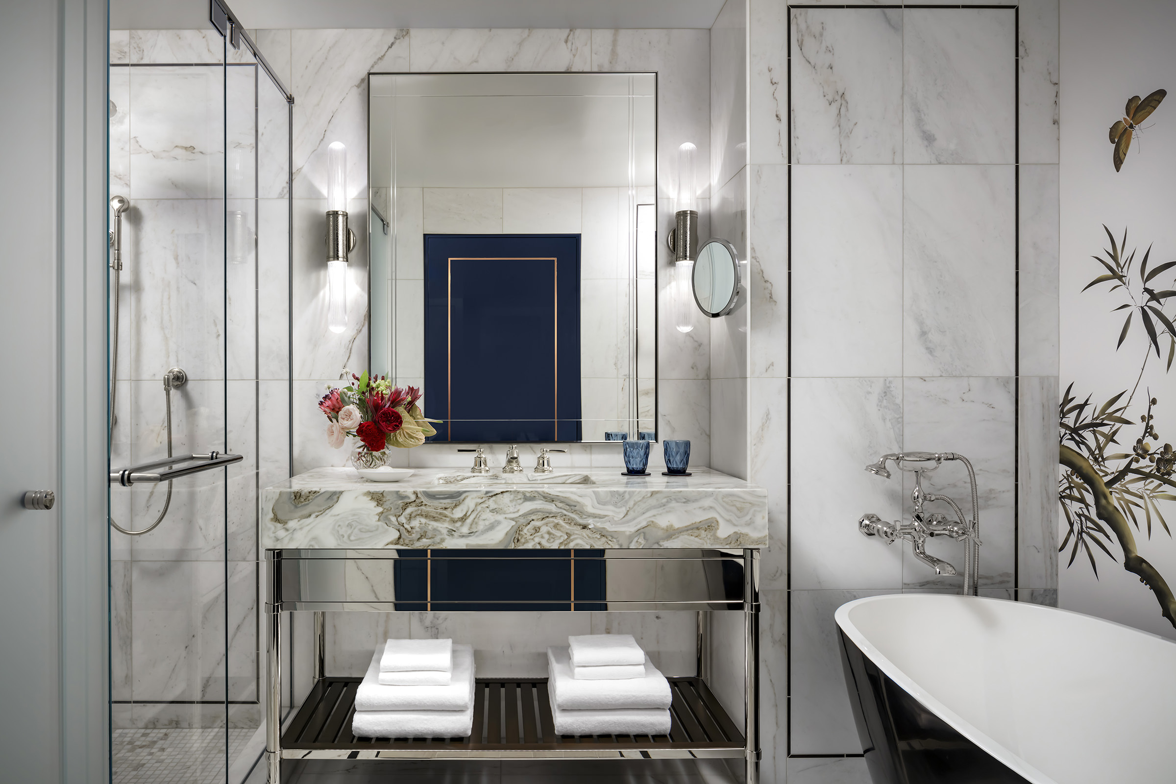 A single vanity bathroom in a Raffles Boston hotel room