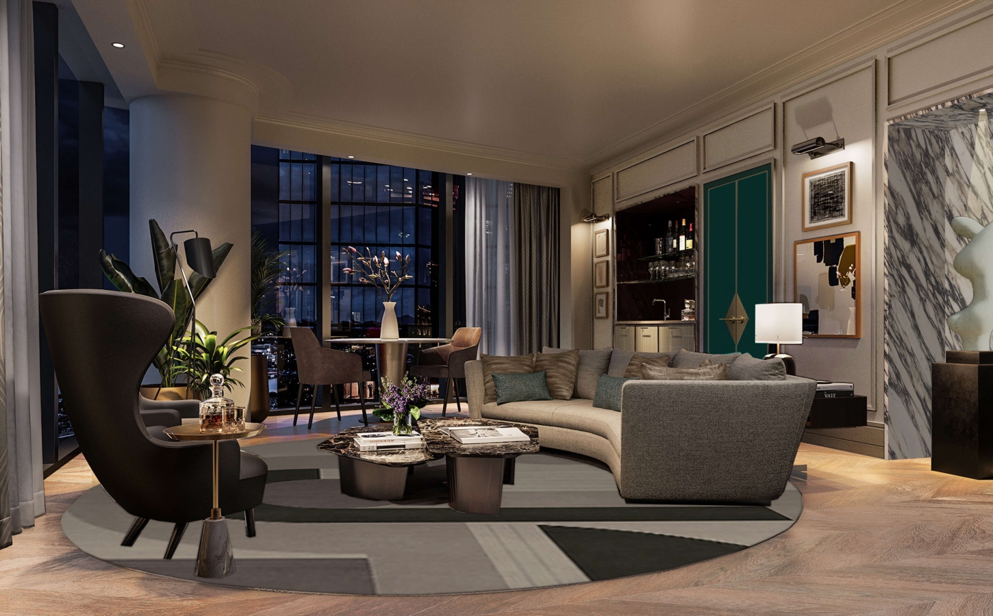 The living area of a signature suite at Raffles Boston Hotel
