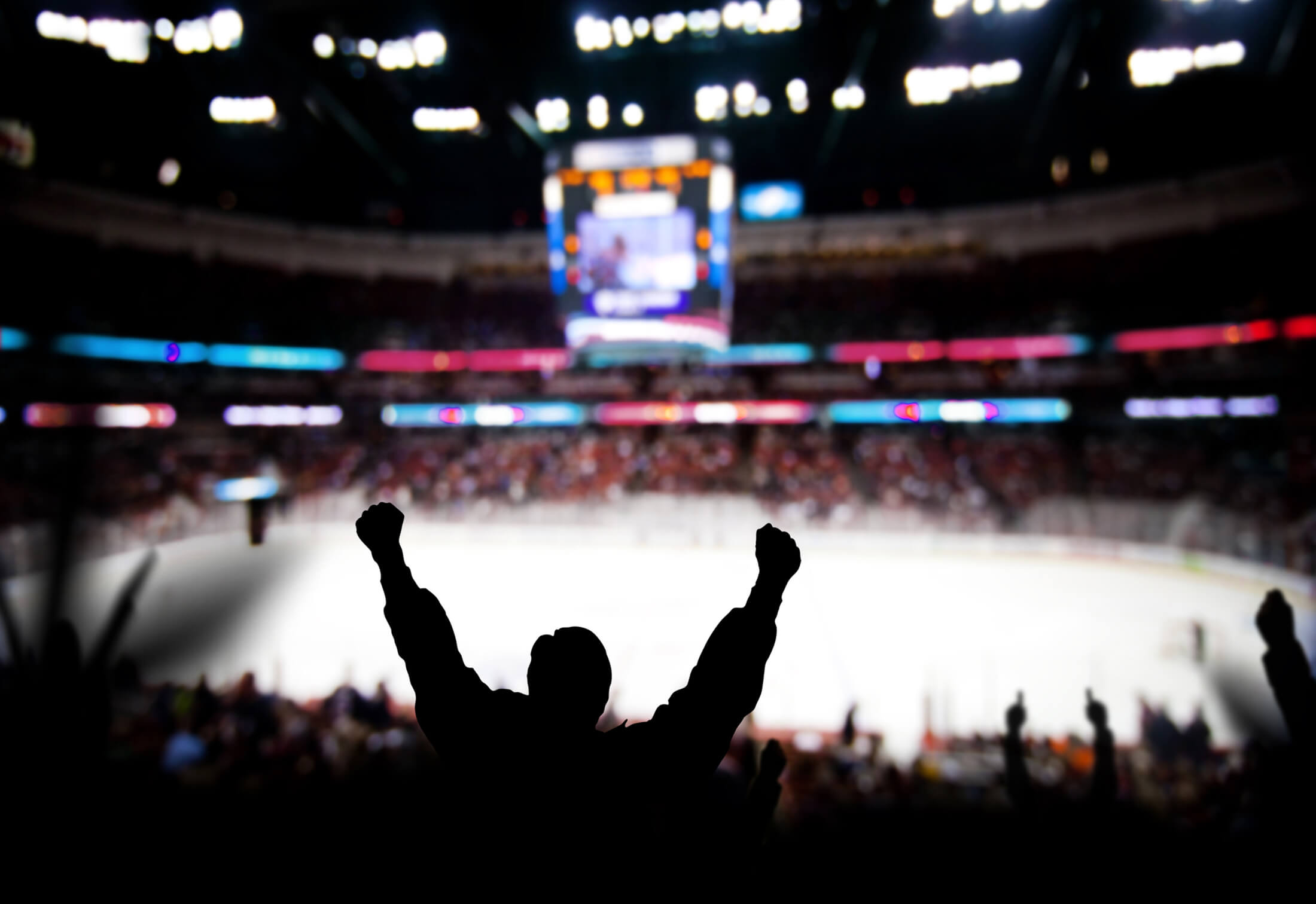 A fan cheering at a hockey game.