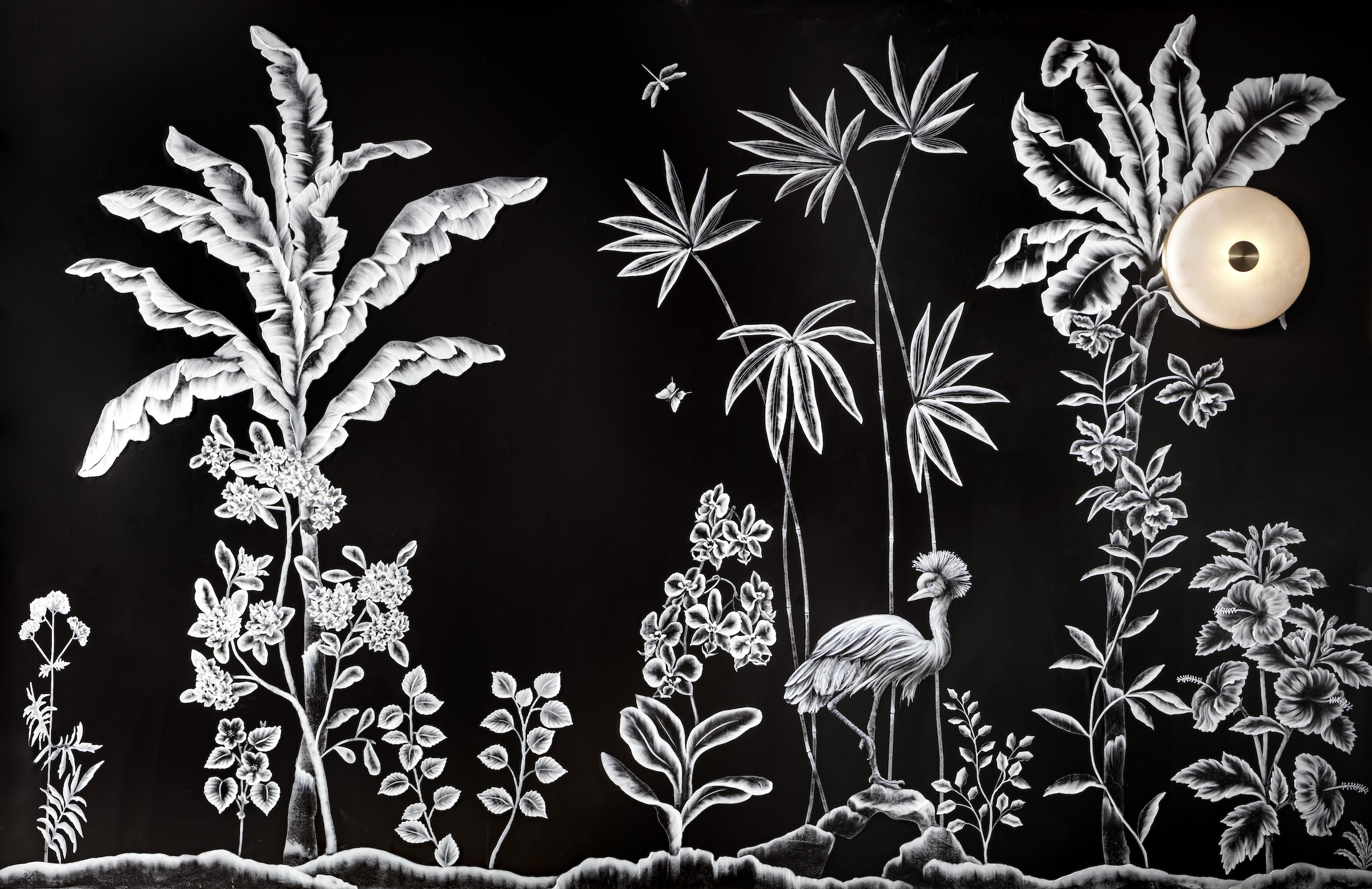 black and white Raffles Boston wallpaper with birds and foliage